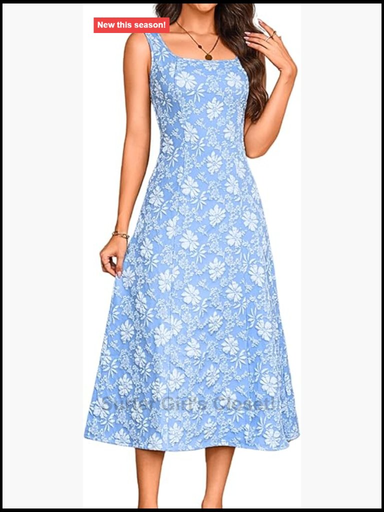 Women's Jacquard A-Line Midi Dress Square Neck Sleeveless Flowy Sundress Tea